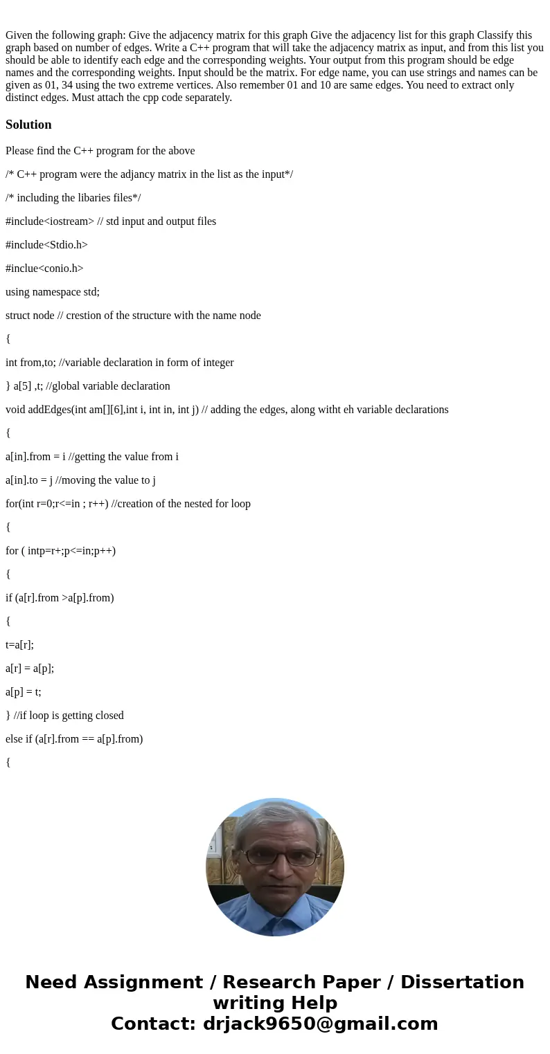 Given the following graph: Give the adjacency matrix for this graph Give the adjacency list for this graph Classify this graph based on number of edges. Write   Given the following graph: Give the adjacency matrix for this graph Give the adjacency list for this graph Classify this graph based on number of edges. Write