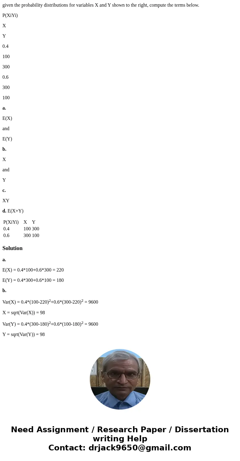 given the probability distributions for variables X and Y shown to the right, compute the terms below. P(XiYi) X Y 0.4 100 300 0.6 300 100 a. E(X) and E(Y) b. X given the probability distributions for variables X and Y shown to the right, compute the terms below. P(XiYi) X Y 0.4 100 300 0.6 300 100 a. E(X) and E(Y) b. X