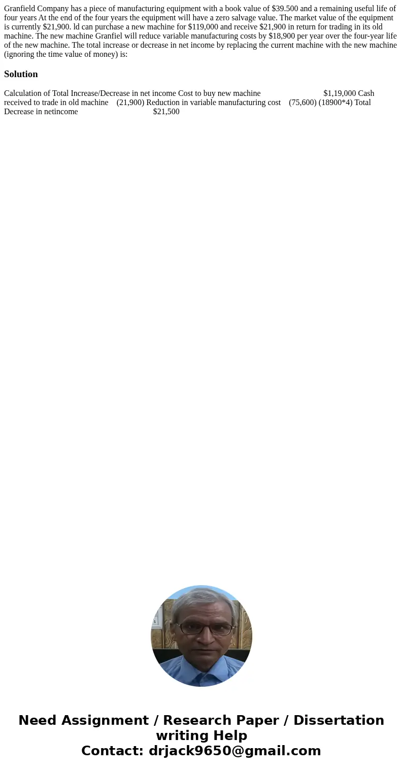  Granfield Company has a piece of manufacturing equipment with a book value of $39.500 and a remaining useful life of four years At the end of the four years th