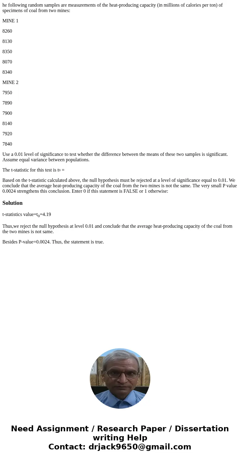 he following random samples are measurements of the heat-producing capacity (in millions of calories per ton) of specimens of coal from two mines: MINE 1 8260 8 he following random samples are measurements of the heat-producing capacity (in millions of calories per ton) of specimens of coal from two mines: MINE 1 8260 8