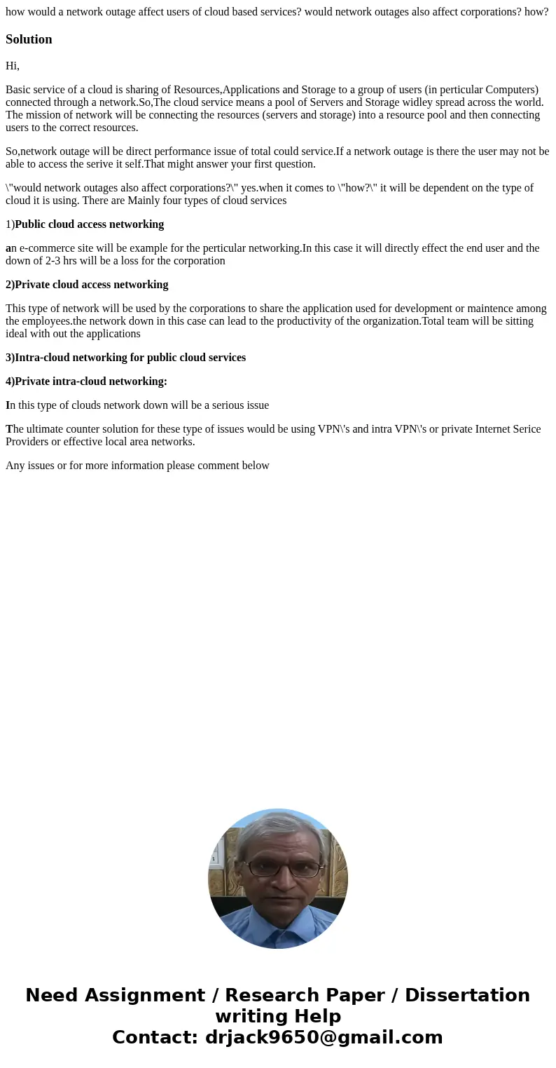 how would a network outage affect users of cloud based services? would network outages also affect corporations? how?SolutionHi, Basic service of a cloud is sha how would a network outage affect users of cloud based services? would network outages also affect corporations? how?SolutionHi, Basic service of a cloud is sha