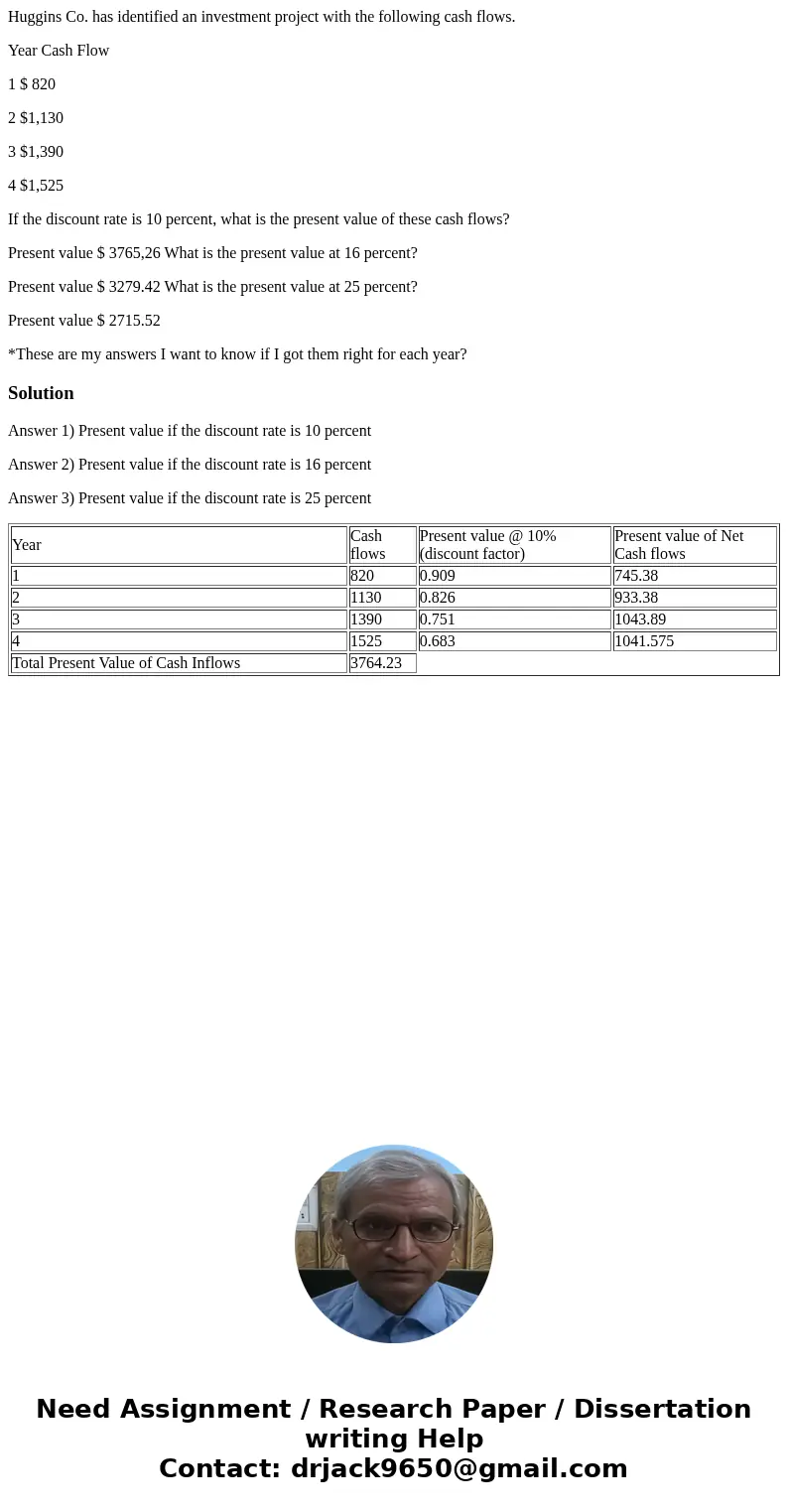 Huggins Co. has identified an investment project with the following cash flows. Year Cash Flow 1 $ 820 2 $1,130 3 $1,390 4 $1,525 If the discount rate is 10 per