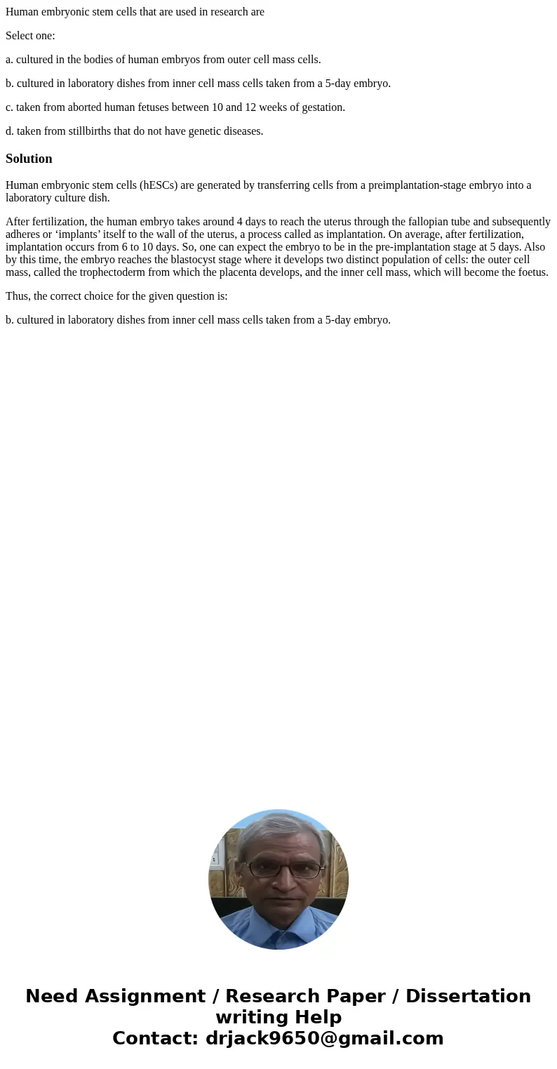 Human embryonic stem cells that are used in research are Select one: a. cultured in the bodies of human embryos from outer cell mass cells. b. cultured in labor