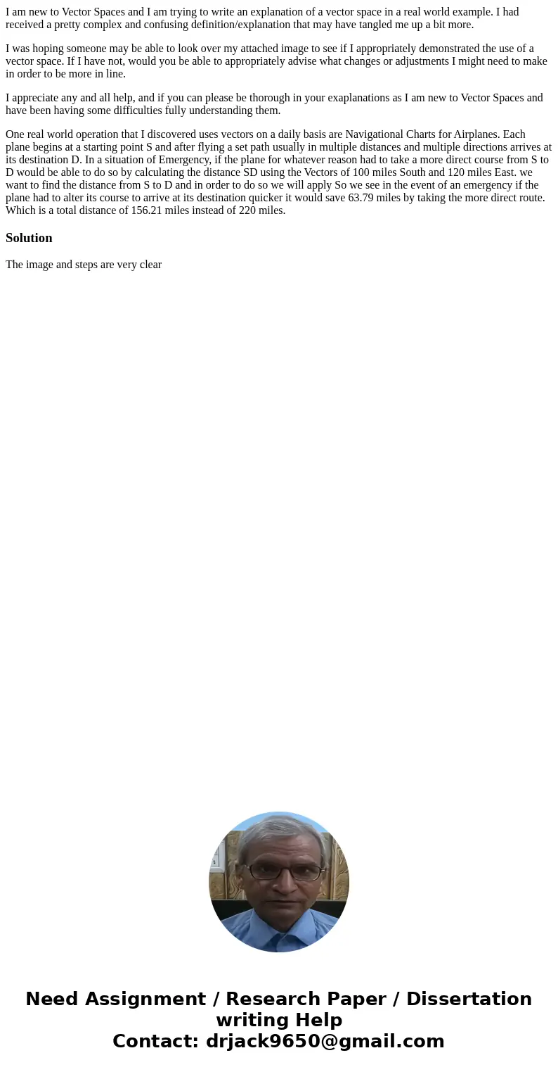 I am new to Vector Spaces and I am trying to write an explanation of a vector space in a real world example. I had received a pretty complex and confusing defin I am new to Vector Spaces and I am trying to write an explanation of a vector space in a real world example. I had received a pretty complex and confusing defin