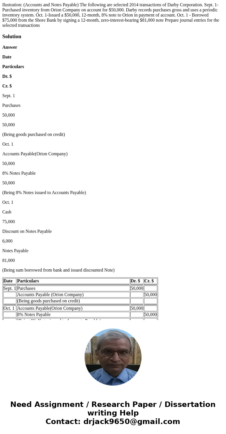 Ilustration: (Accounts and Notes Payable) The following are selected 2014 transactions of Darby Corporation. Sept. 1- Purchased inventory from Orion Company on  Ilustration: (Accounts and Notes Payable) The following are selected 2014 transactions of Darby Corporation. Sept. 1- Purchased inventory from Orion Company on