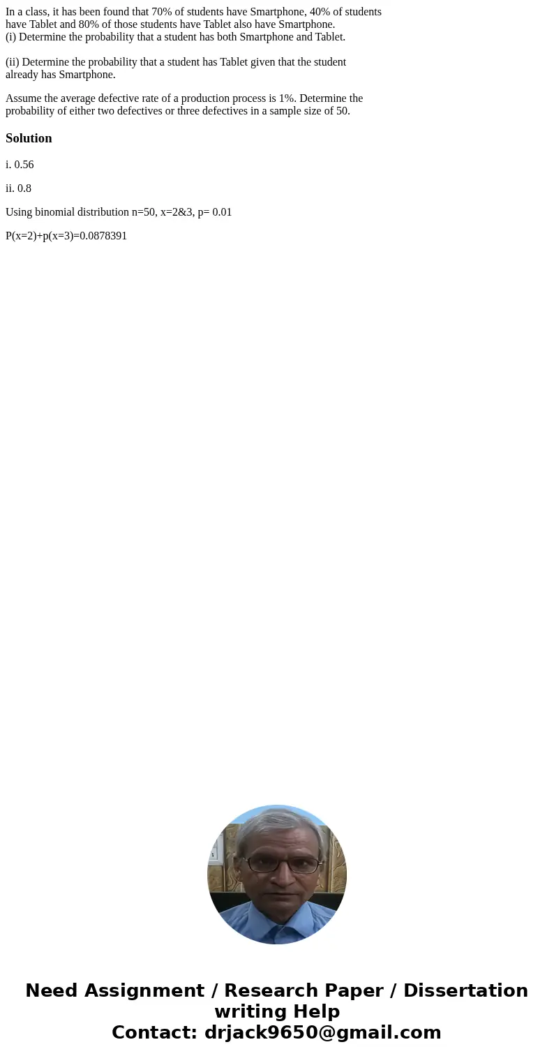 In a class, it has been found that 70% of students have Smartphone, 40% of students have Tablet and 80% of those students have Tablet also have Smartphone. (i)  In a class, it has been found that 70% of students have Smartphone, 40% of students have Tablet and 80% of those students have Tablet also have Smartphone. (i)