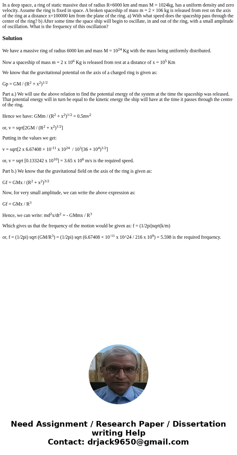 In a deep space, a ring of static massive dust of radius R=6000 km and mass M = 1024kg, has a uniform density and zero velocity. Assume the ring is fixed in spa