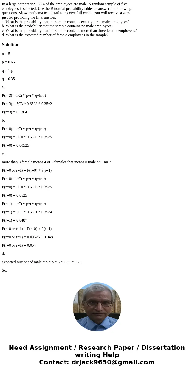 In a large corporation, 65% of the employees are male. A random sample of five employees is selected. Use the Binomial probability tables to answer the followin