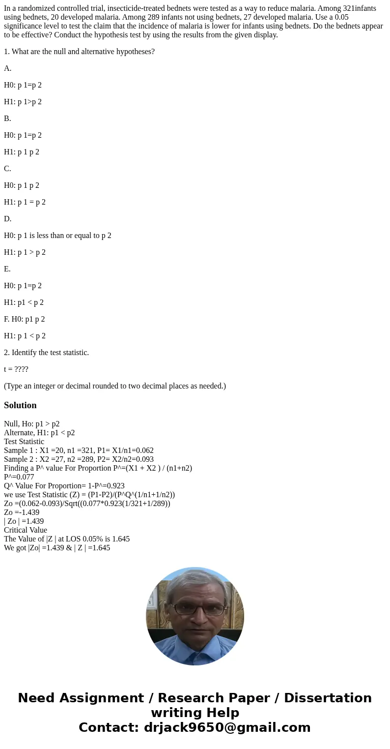 In a randomized controlled trial, insecticide-treated bednets were tested as a way to reduce malaria. Among 321infants using bednets, 20 developed malaria. Amon