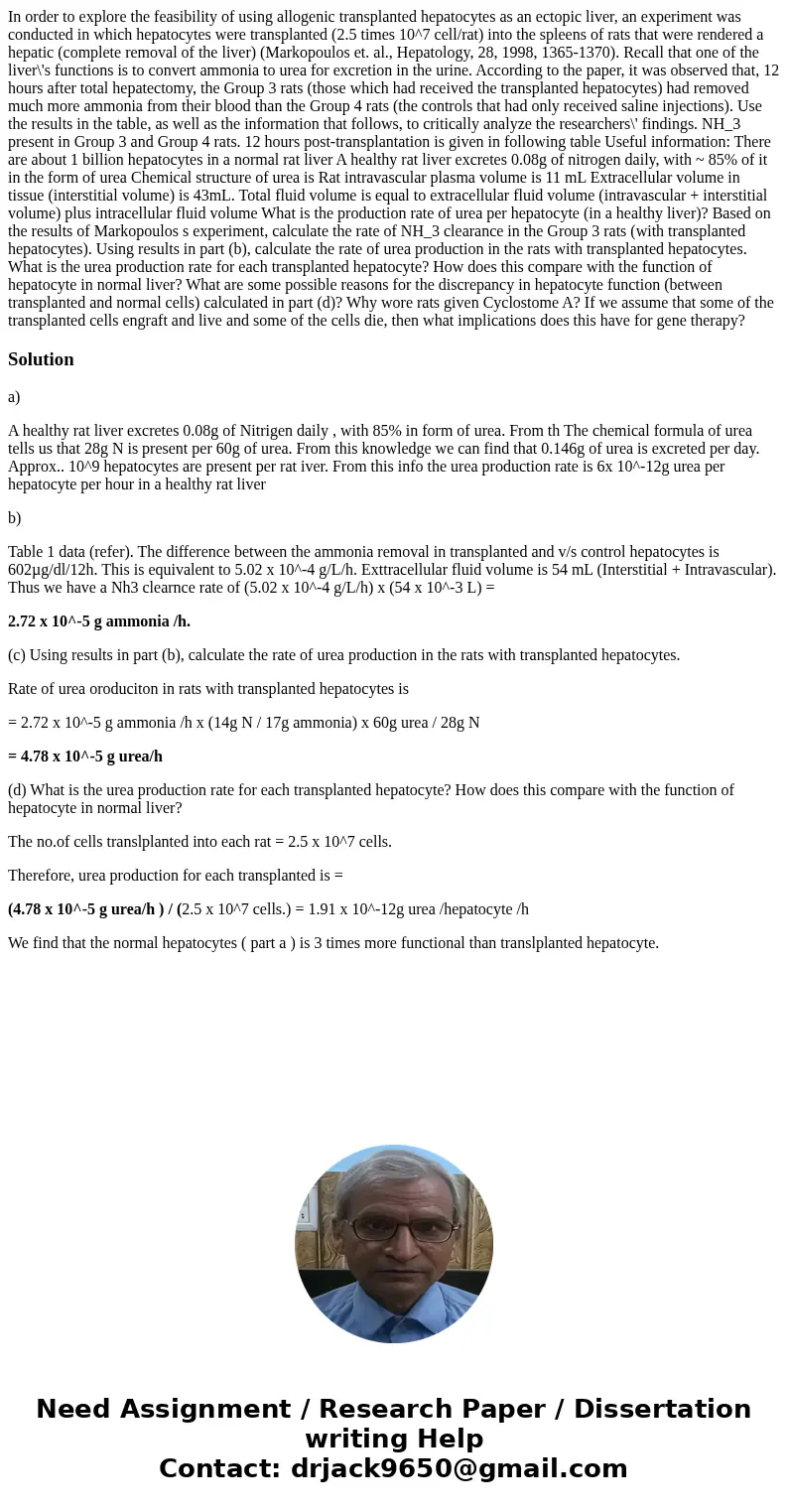  In order to explore the feasibility of using allogenic transplanted hepatocytes as an ectopic liver, an experiment was conducted in which hepatocytes were tran