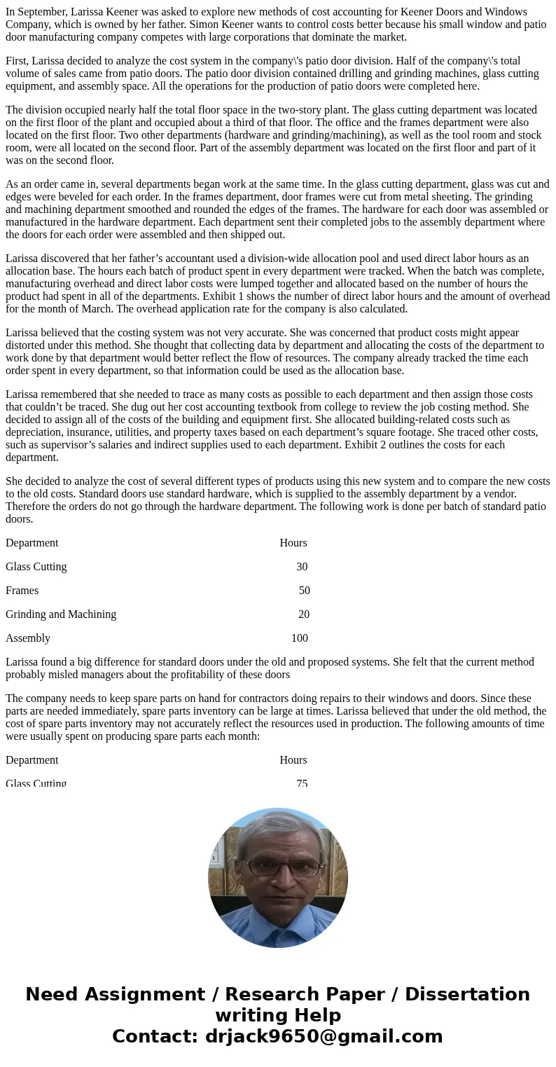 In September, Larissa Keener was asked to explore new methods of cost accounting for Keener Doors and Windows Company, which is owned by her father. Simon Keene