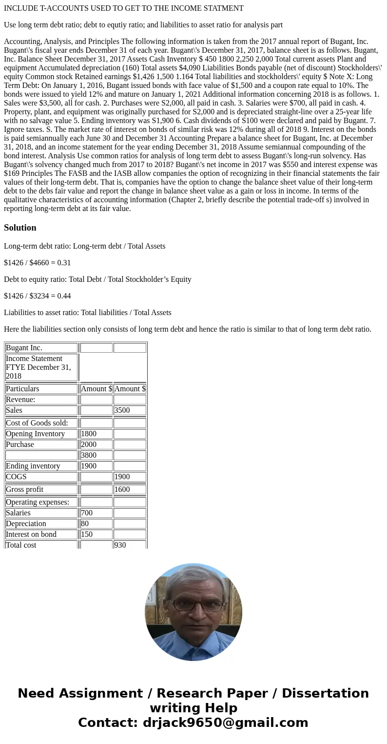 INCLUDE T-ACCOUNTS USED TO GET TO THE INCOME STATMENT Use long term debt ratio; debt to equtiy ratio; and liabilities to asset ratio for analysis part Accountin