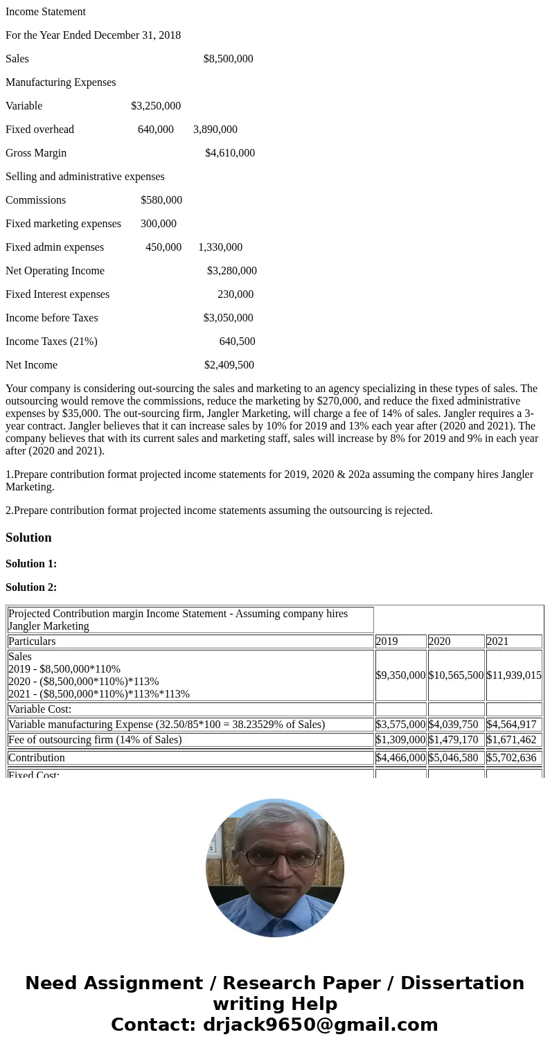 Income Statement For the Year Ended December 31, 2018 Sales $8,500,000 Manufacturing Expenses Variable $3,250,000 Fixed overhead 640,000 3,890,000 Gross Margin 