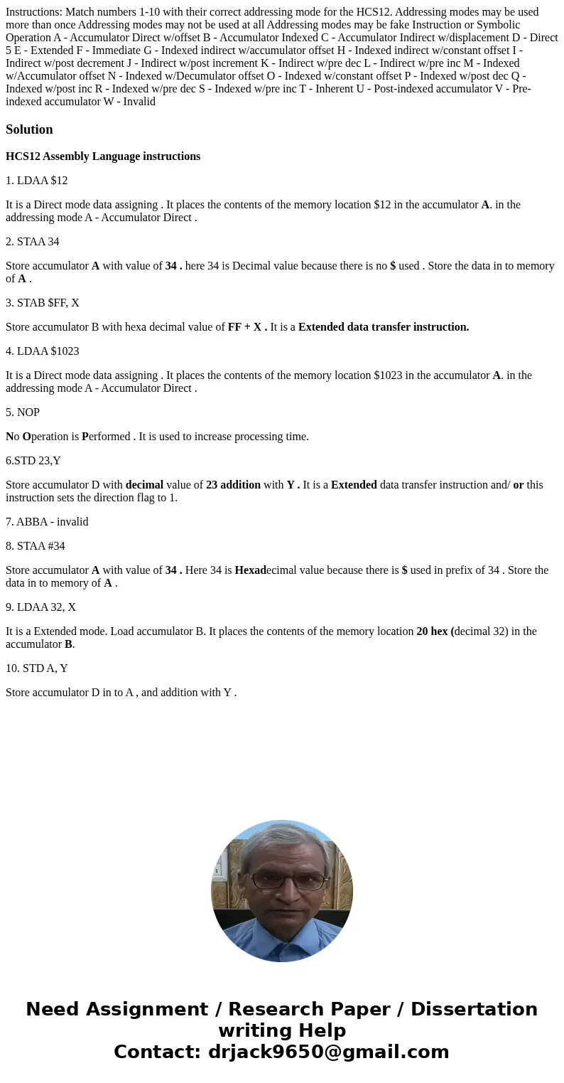 Instructions: Match numbers 1-10 with their correct addressing mode for the HCS12. Addressing modes may be used more than once Addressing modes may not be used  Instructions: Match numbers 1-10 with their correct addressing mode for the HCS12. Addressing modes may be used more than once Addressing modes may not be used
