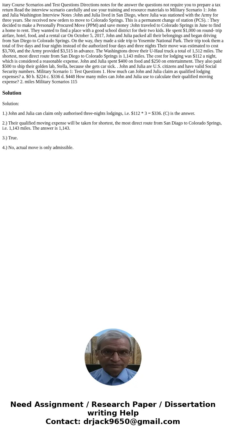  itary Course Scenarios and Test Questions Directions notes for the answer the questions not require you to prepare a tax return Read the interview scenario car