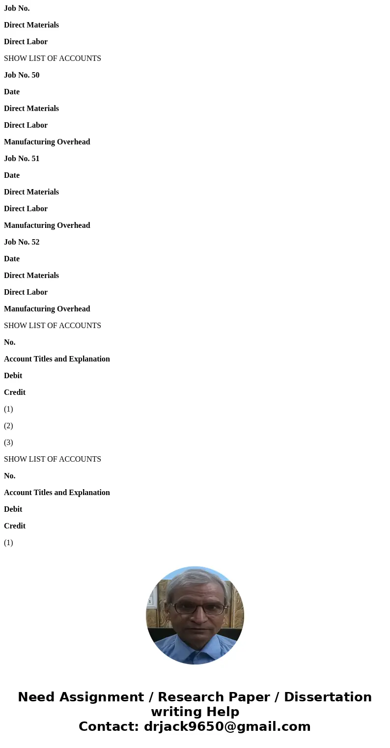Job No. Direct Materials Direct Labor SHOW LIST OF ACCOUNTS Job No. 50 Date Direct Materials Direct Labor Manufacturing Overhead Job No. 51 Date Direct Material