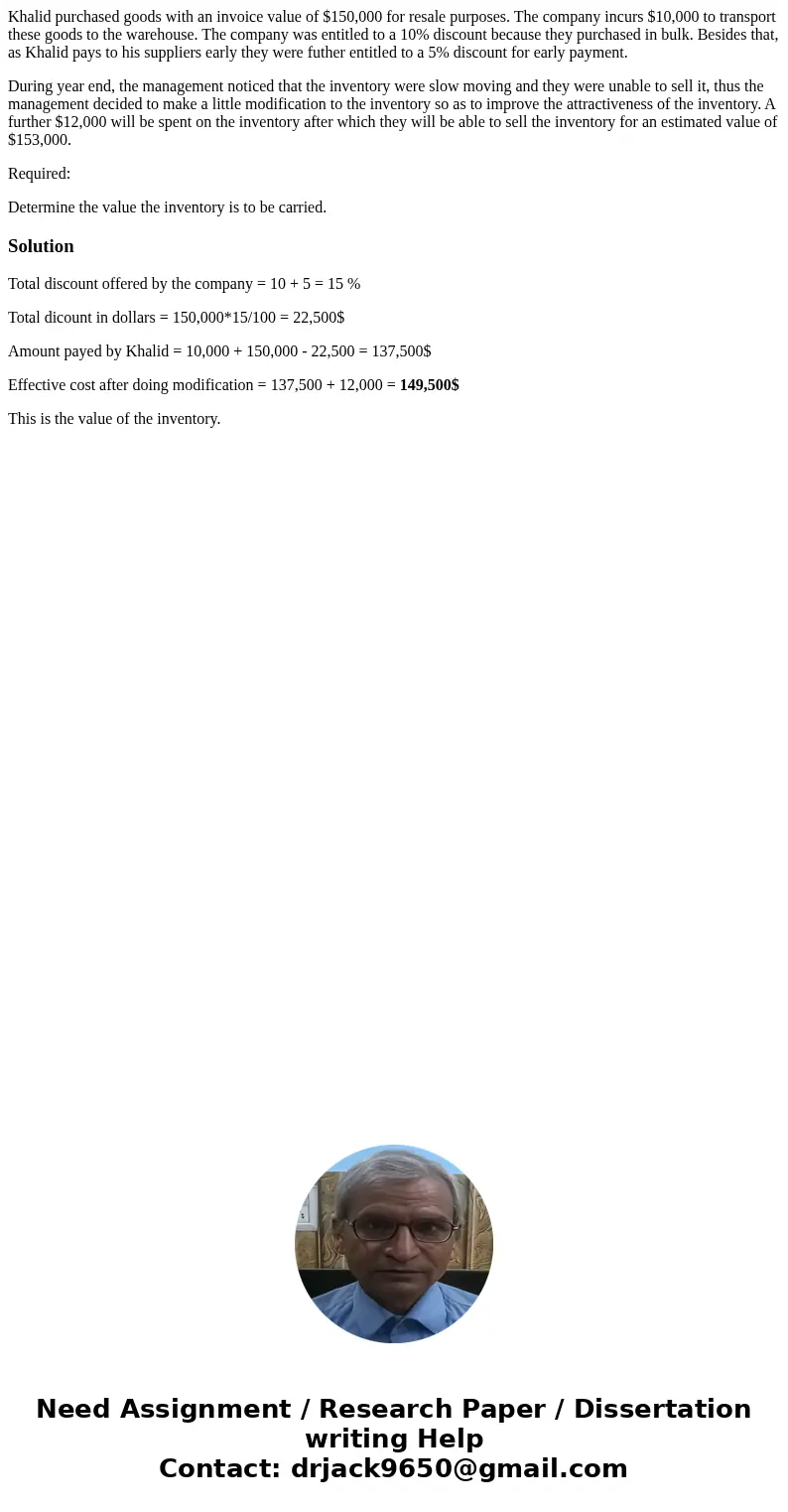 Khalid purchased goods with an invoice value of $150,000 for resale purposes. The company incurs $10,000 to transport these goods to the warehouse. The company 