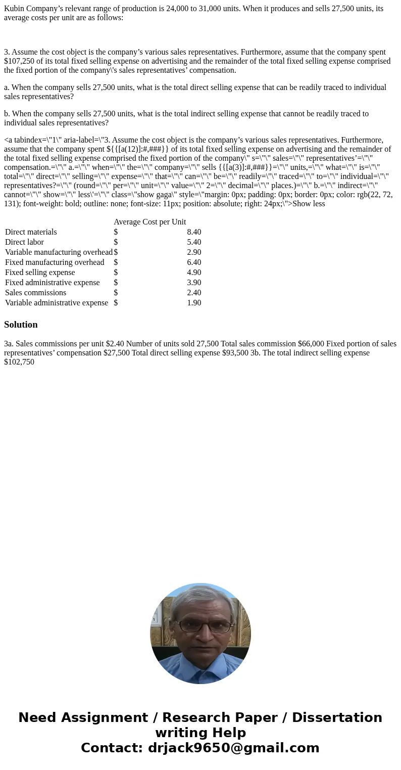 Kubin Company’s relevant range of production is 24,000 to 31,000 units. When it produces and sells 27,500 units, its average costs per unit are as follows: 3. A