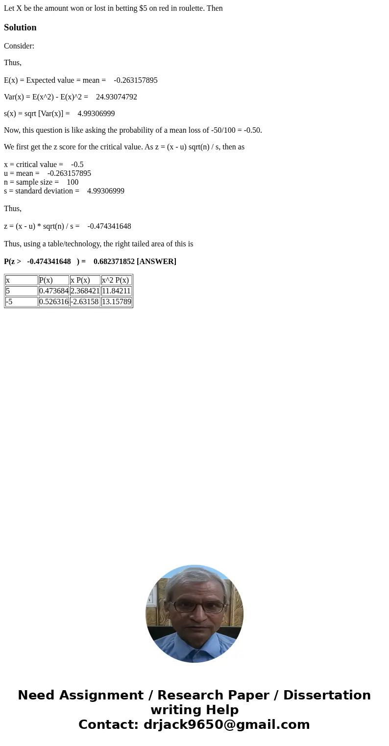 Let X be the amount won or lost in betting $5 on red in roulette. ThenSolutionConsider: Thus, E(x) = Expected value = mean = -0.263157895 Var(x) = E(x^2) - E(x)