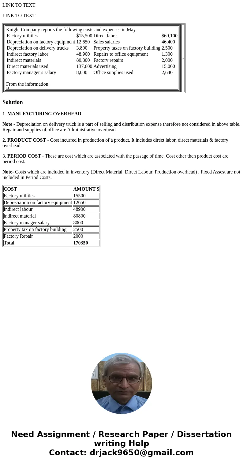LINK TO TEXT LINK TO TEXT Knight Company reports the following costs and expenses in May. Factory utilities $15,500 Direct labor $69,100 Depreciation on factory