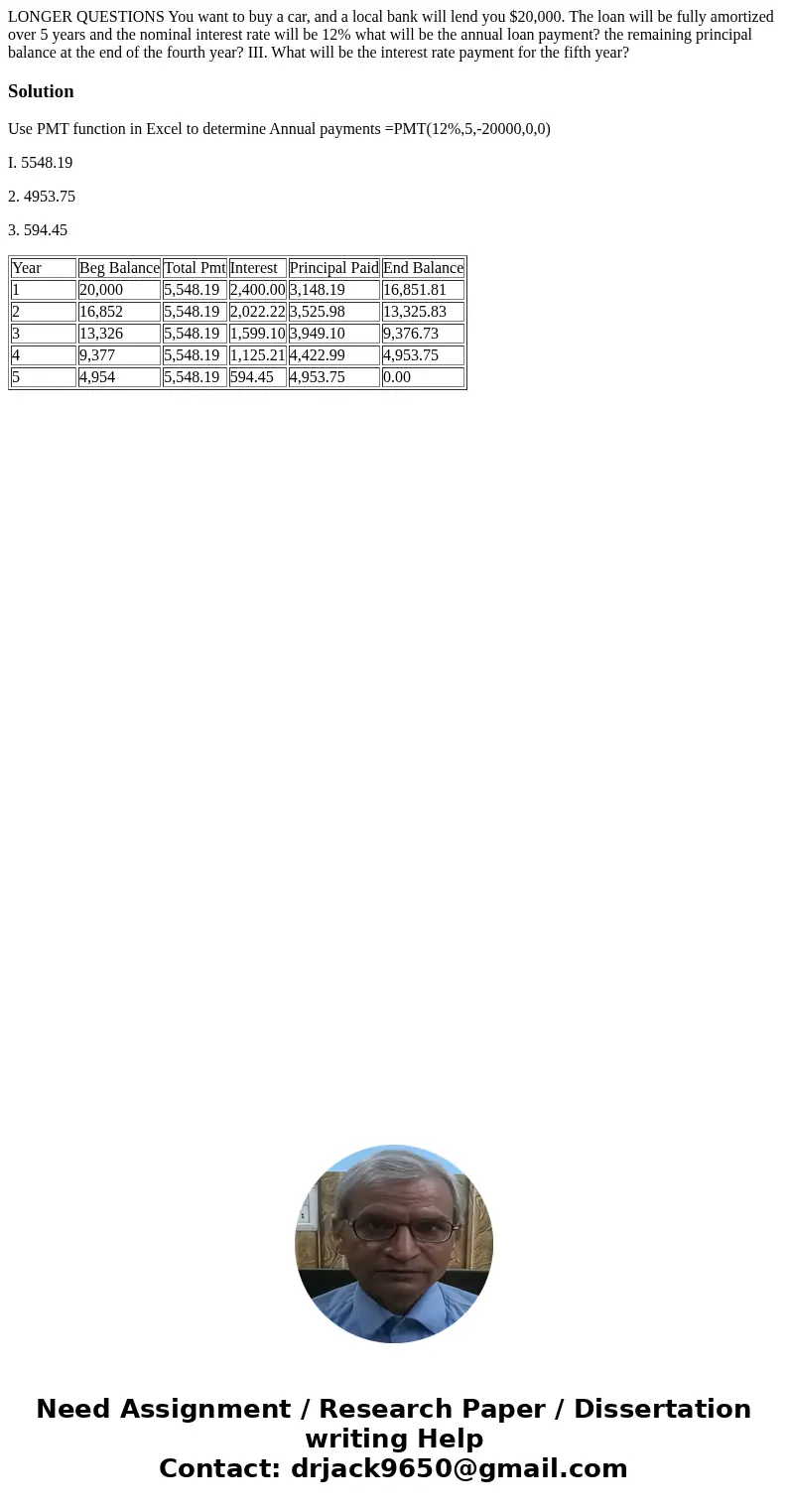 LONGER QUESTIONS You want to buy a car, and a local bank will lend you $20,000. The loan will be fully amortized over 5 years and the nominal interest rate wil  LONGER QUESTIONS You want to buy a car, and a local bank will lend you $20,000. The loan will be fully amortized over 5 years and the nominal interest rate wil