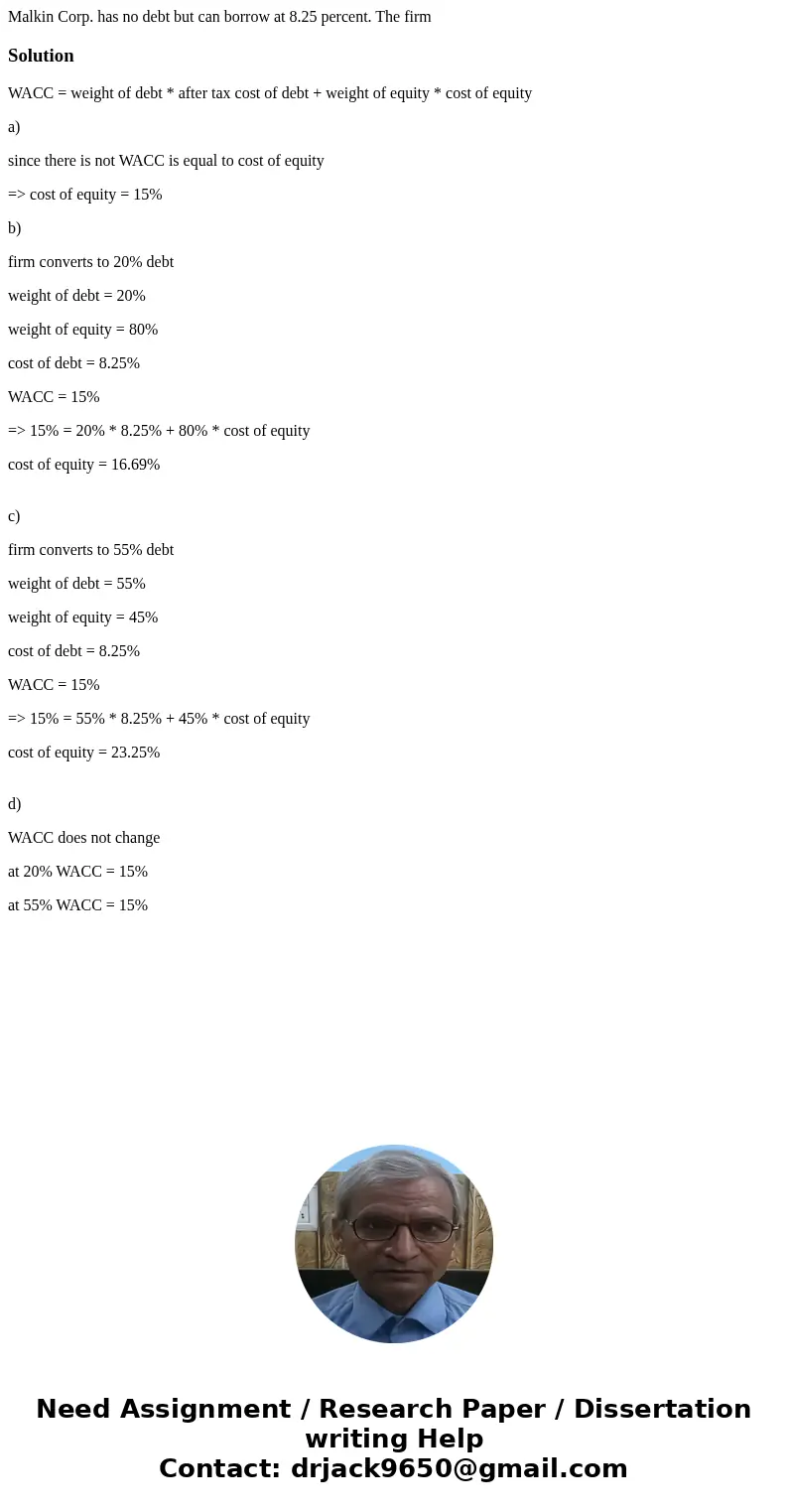 Malkin Corp. has no debt but can borrow at 8.25 percent. The firmSolutionWACC = weight of debt * after tax cost of debt + weight of equity * cost of equity a) s Malkin Corp. has no debt but can borrow at 8.25 percent. The firmSolutionWACC = weight of debt * after tax cost of debt + weight of equity * cost of equity a) s