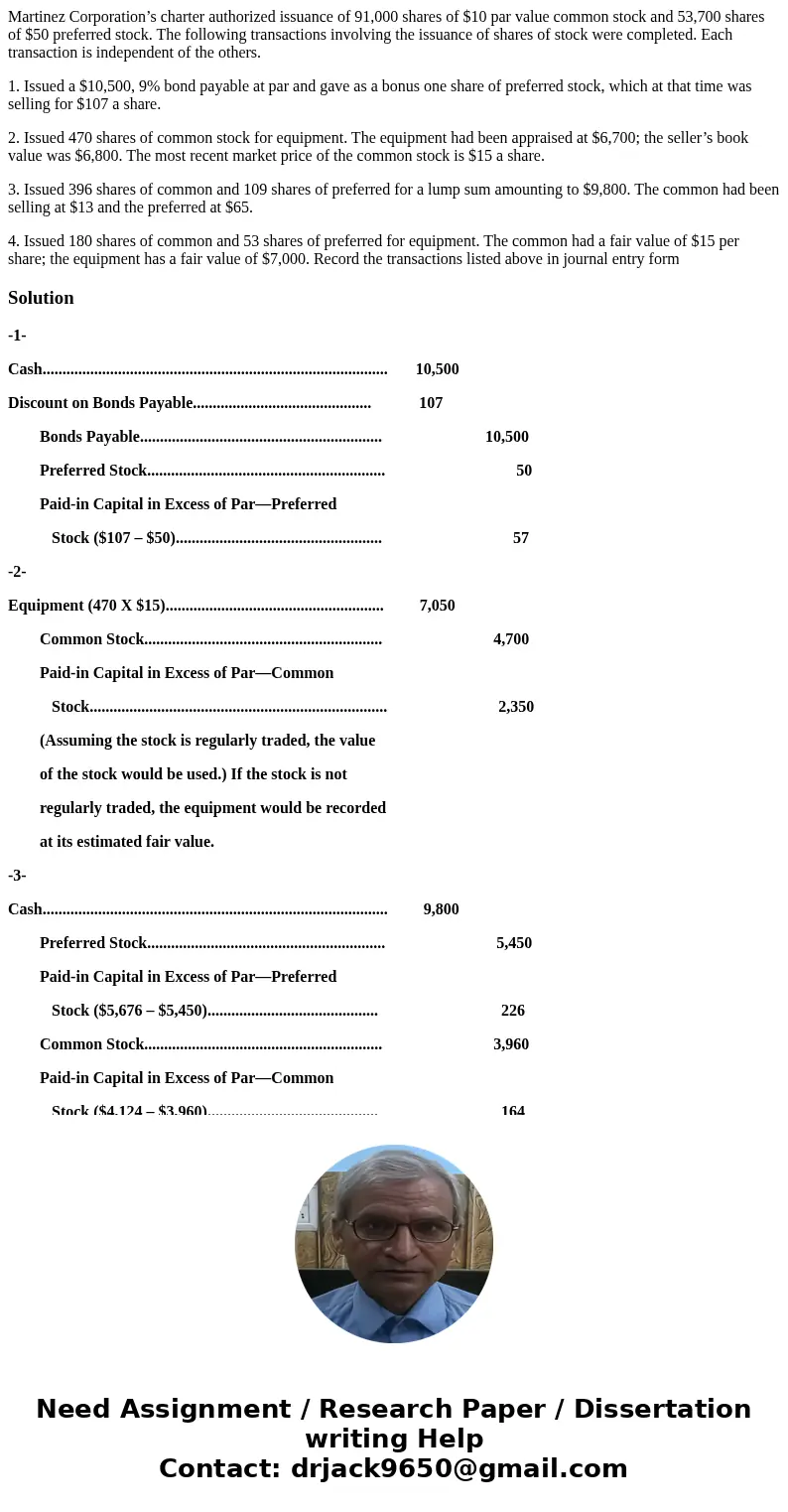 Martinez Corporation’s charter authorized issuance of 91,000 shares of $10 par value common stock and 53,700 shares of $50 preferred stock. The following transa