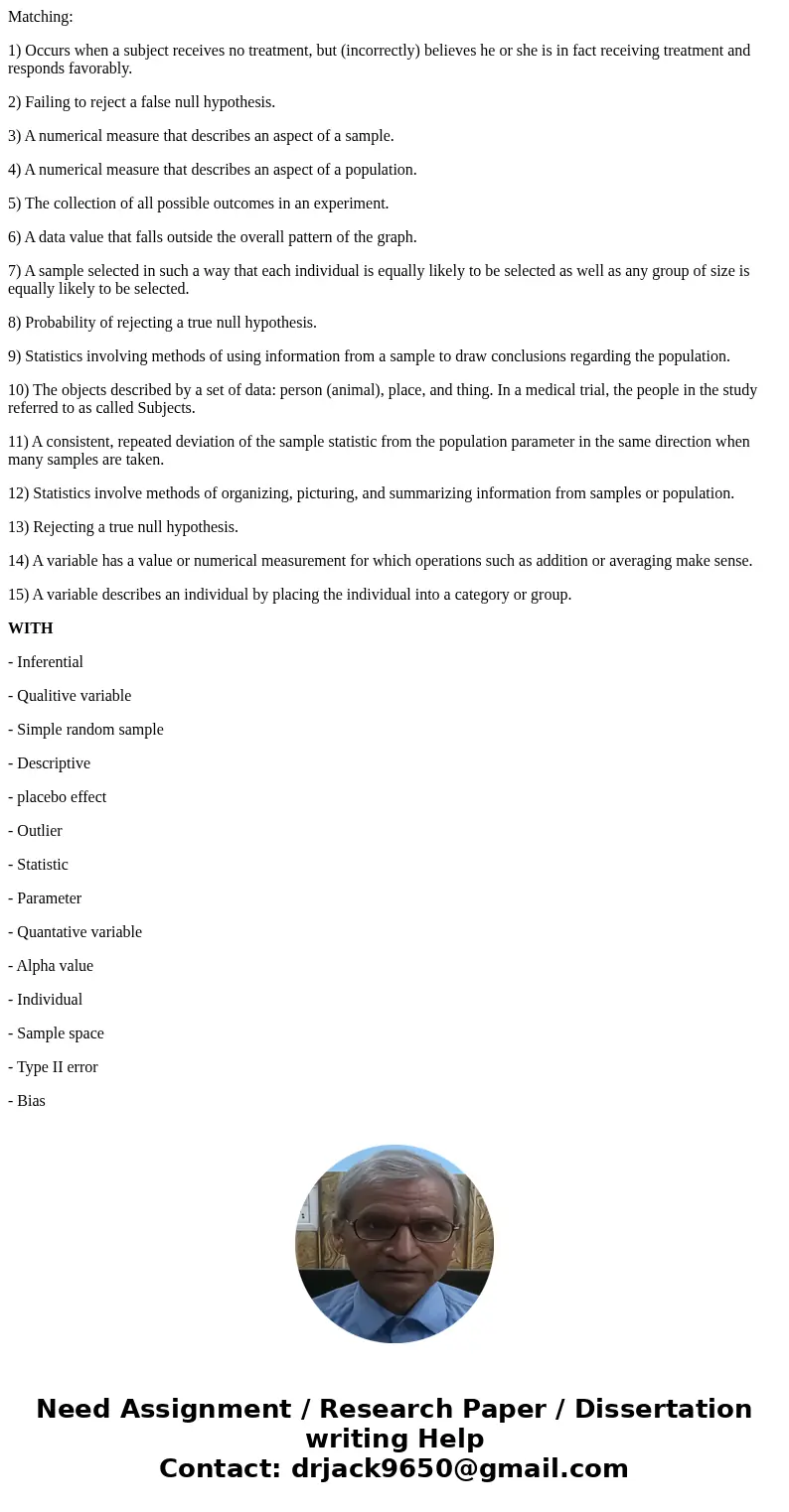 Matching: 1) Occurs when a subject receives no treatment, but (incorrectly) believes he or she is in fact receiving treatment and responds favorably. 2) Failing Matching: 1) Occurs when a subject receives no treatment, but (incorrectly) believes he or she is in fact receiving treatment and responds favorably. 2) Failing