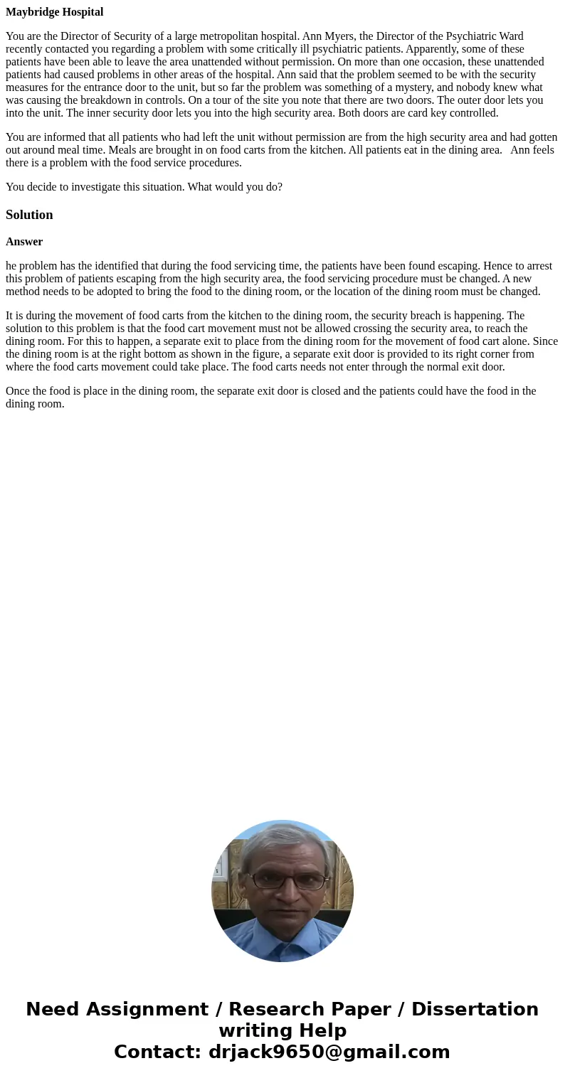 Maybridge Hospital You are the Director of Security of a large metropolitan hospital. Ann Myers, the Director of the Psychiatric Ward recently contacted you reg