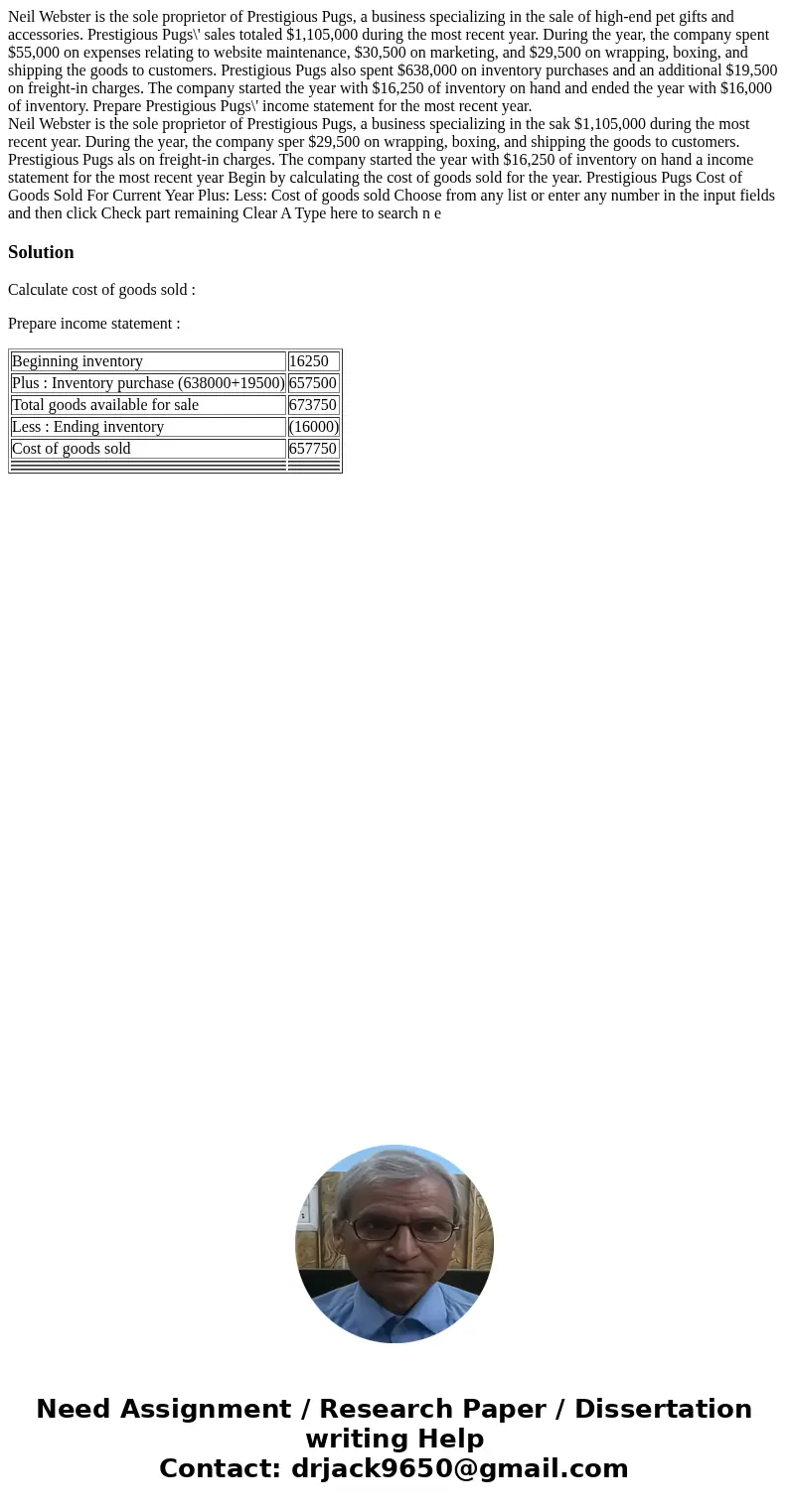 Neil Webster is the sole proprietor of Prestigious Pugs, a business specializing in the sale of high-end pet gifts and accessories. Prestigious Pugs\' sales tot