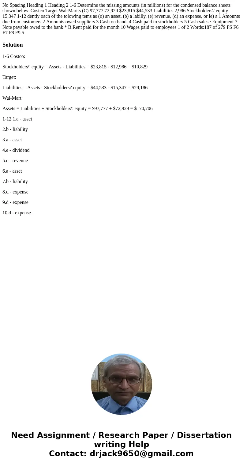  No Spacing Heading 1 Heading 2 1-6 Determine the missing amounts (in millions) for the condensed balance sheets shown below. Costco Target Wal-Mart s (C) 97,77
