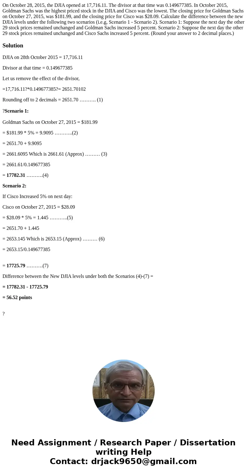 On October 28, 2015, the DJIA opened at 17,716.11. The divisor at that time was 0.149677385. In October 2015, Goldman Sachs was the highest priced stock in the  On October 28, 2015, the DJIA opened at 17,716.11. The divisor at that time was 0.149677385. In October 2015, Goldman Sachs was the highest priced stock in the