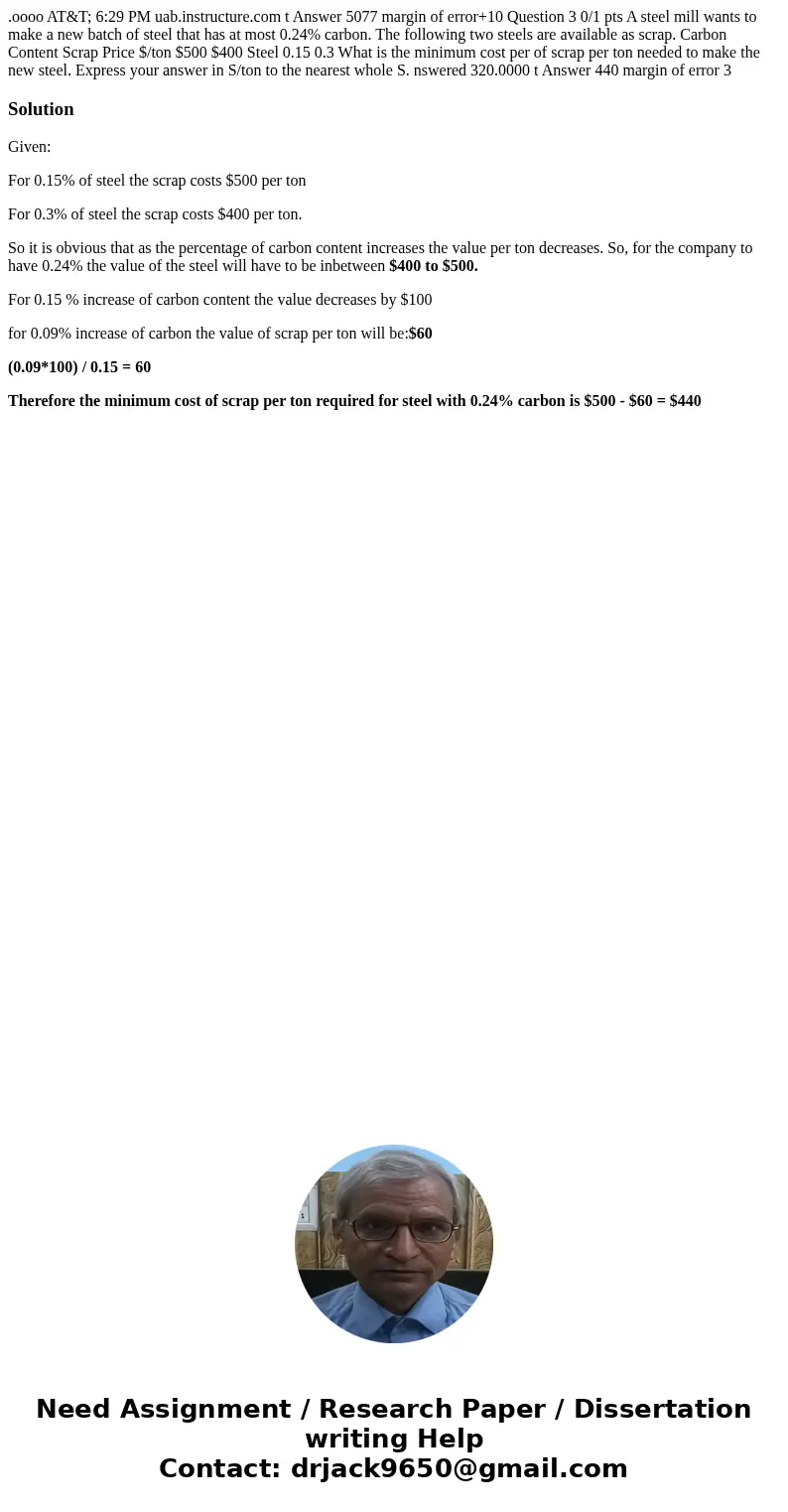  .oooo AT&T; 6:29 PM uab.instructure.com t Answer 5077 margin of error+10 Question 3 0/1 pts A steel mill wants to make a new batch of steel that has at mos
