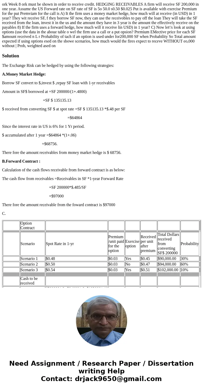  ork Week 8 ork must be shown in order to receive credit. HEDGING RECEIVABLES A firm will receive SF 200,000 in one year. Assume the US Forward rate on SF rate 
