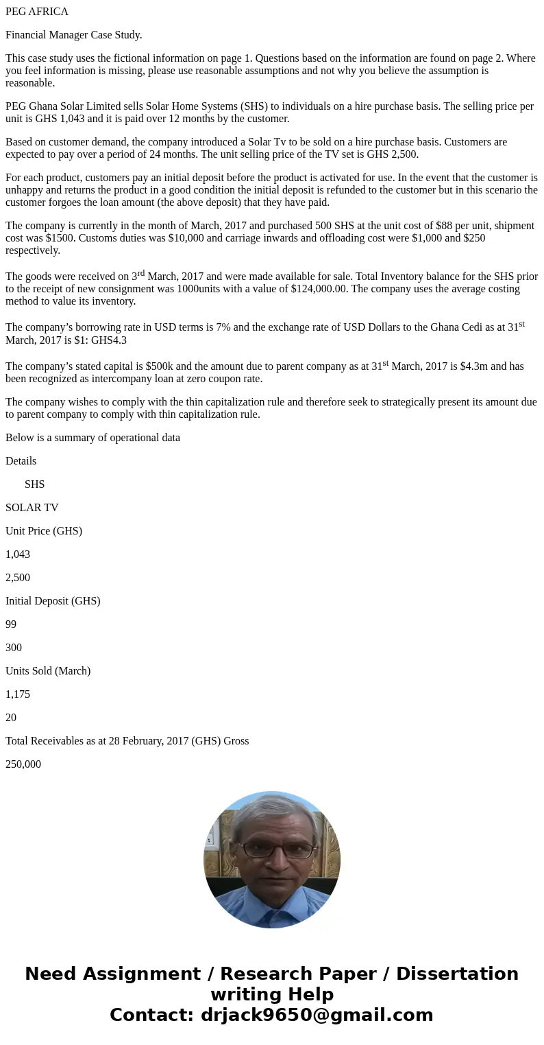 PEG AFRICA Financial Manager Case Study. This case study uses the fictional information on page 1. Questions based on the information are found on page 2. Where
