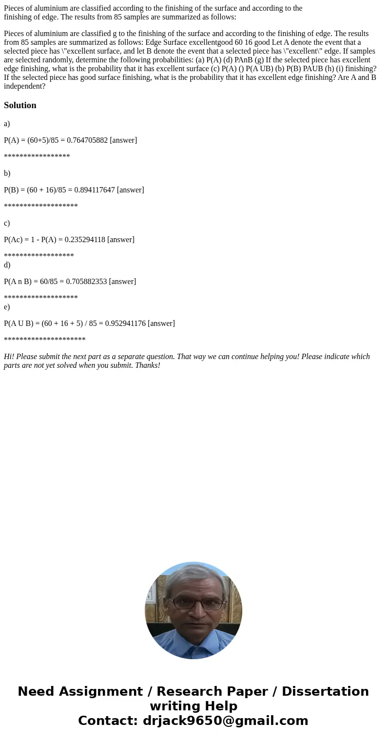 Pieces of aluminium are classified according to the finishing of the surface and according to the finishing of edge. The results from 85 samples are summarized 