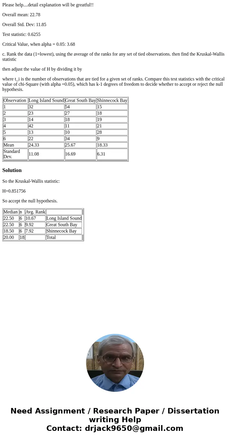 Please help....detail explanation will be greatful!! Overall mean: 22.78 Overall Std. Dev: 11.85 Test statistic: 0.6255 Critical Value, when alpha = 0.05: 3.68 