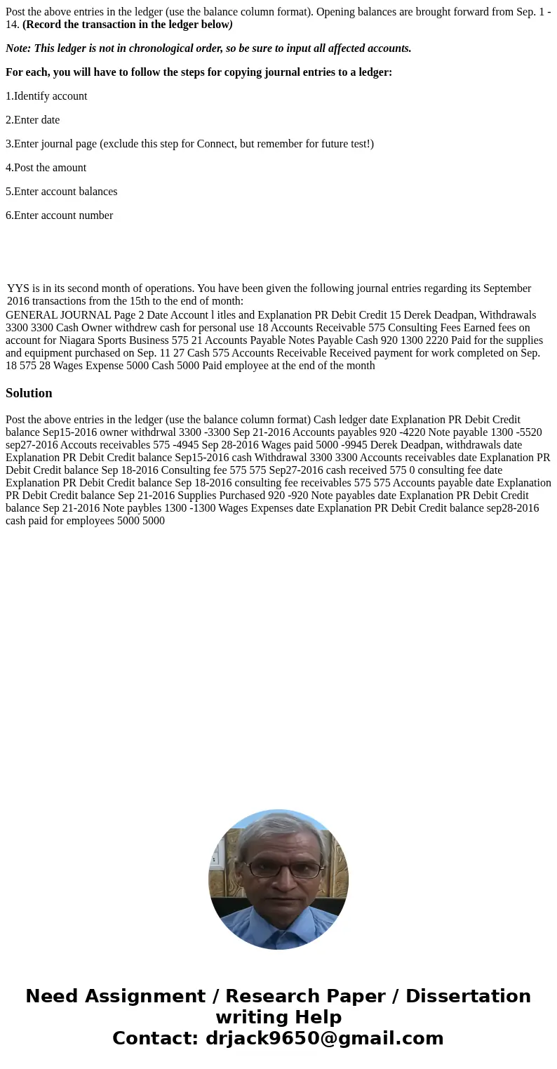 Post the above entries in the ledger (use the balance column format). Opening balances are brought forward from Sep. 1 - 14. (Record the transaction in the ledg Post the above entries in the ledger (use the balance column format). Opening balances are brought forward from Sep. 1 - 14. (Record the transaction in the ledg