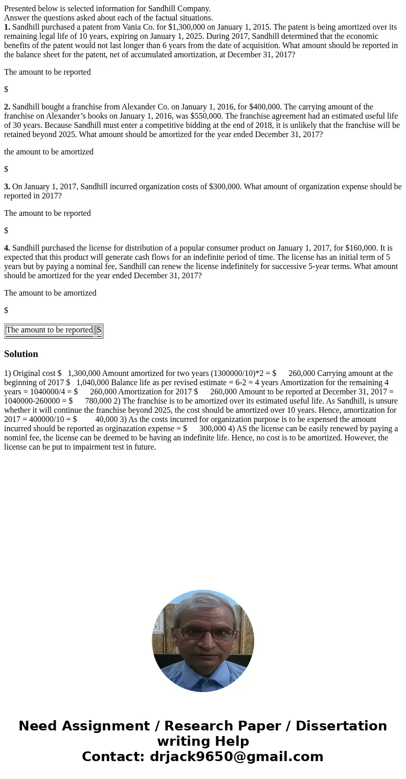 Presented below is selected information for Sandhill Company. Answer the questions asked about each of the factual situations. 1. Sandhill purchased a patent fr
