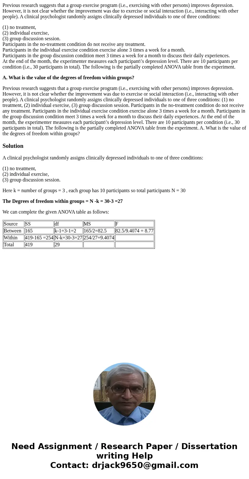 Previous research suggests that a group exercise program (i.e., exercising with other persons) improves depression. However, it is not clear whether the improve Previous research suggests that a group exercise program (i.e., exercising with other persons) improves depression. However, it is not clear whether the improve