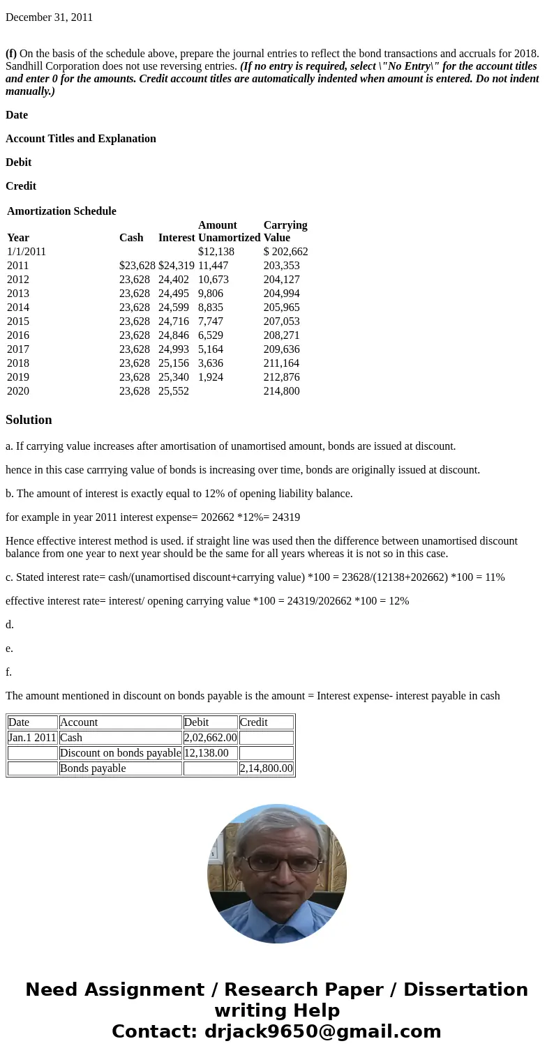 Problem 14-1 The following amortization and interest schedule reflects the issuance of 10-year bonds by Sandhill Corporation on January 1, 2011, and the subsequ