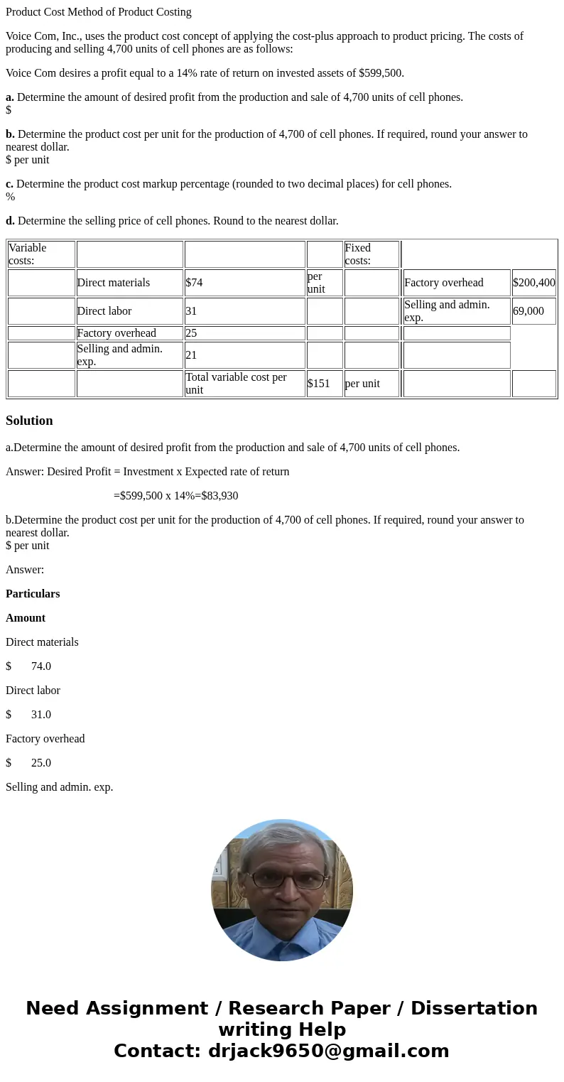 Product Cost Method of Product Costing Voice Com, Inc., uses the product cost concept of applying the cost-plus approach to product pricing. The costs of produc