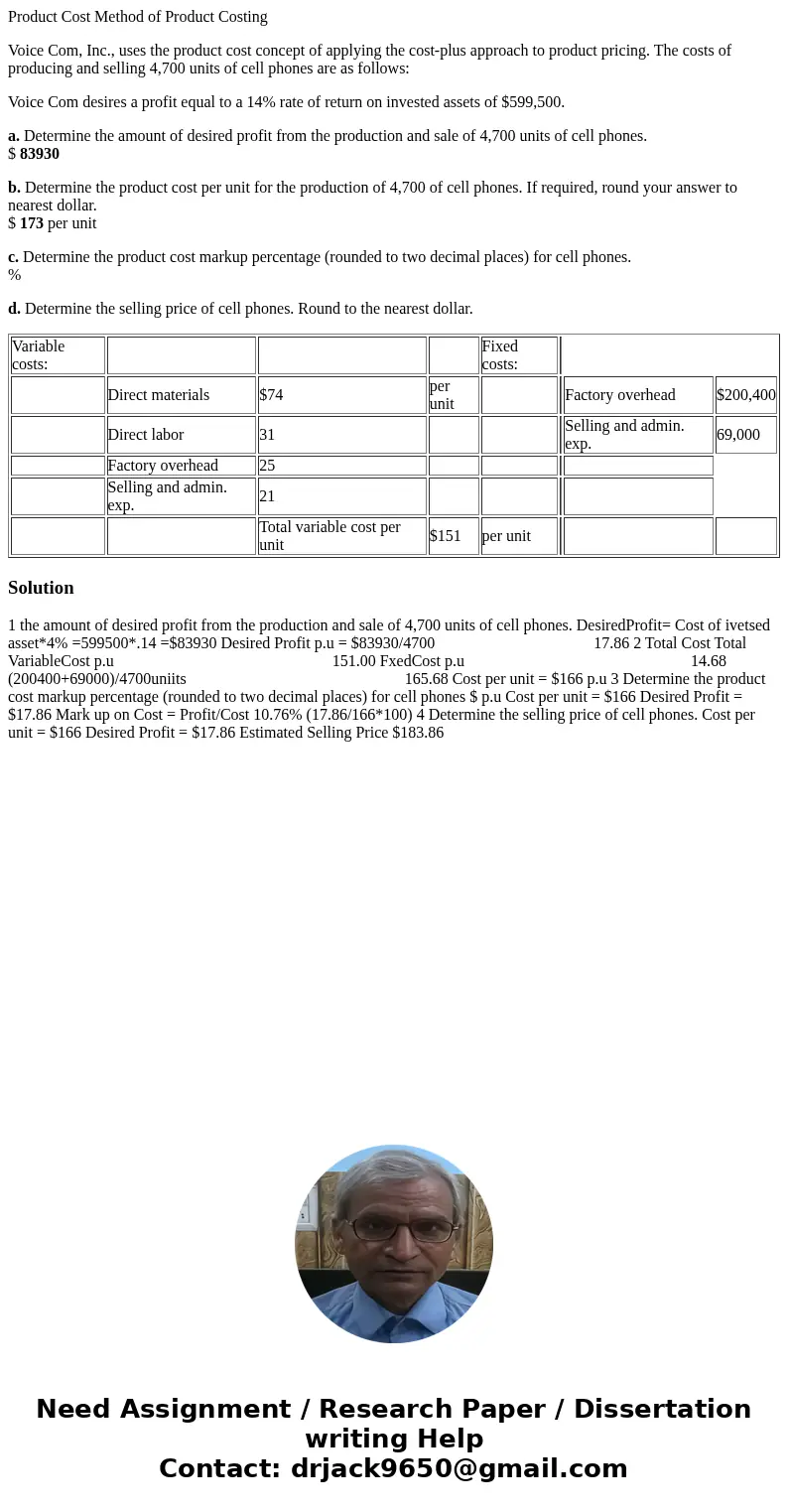 Product Cost Method of Product Costing Voice Com, Inc., uses the product cost concept of applying the cost-plus approach to product pricing. The costs of produc