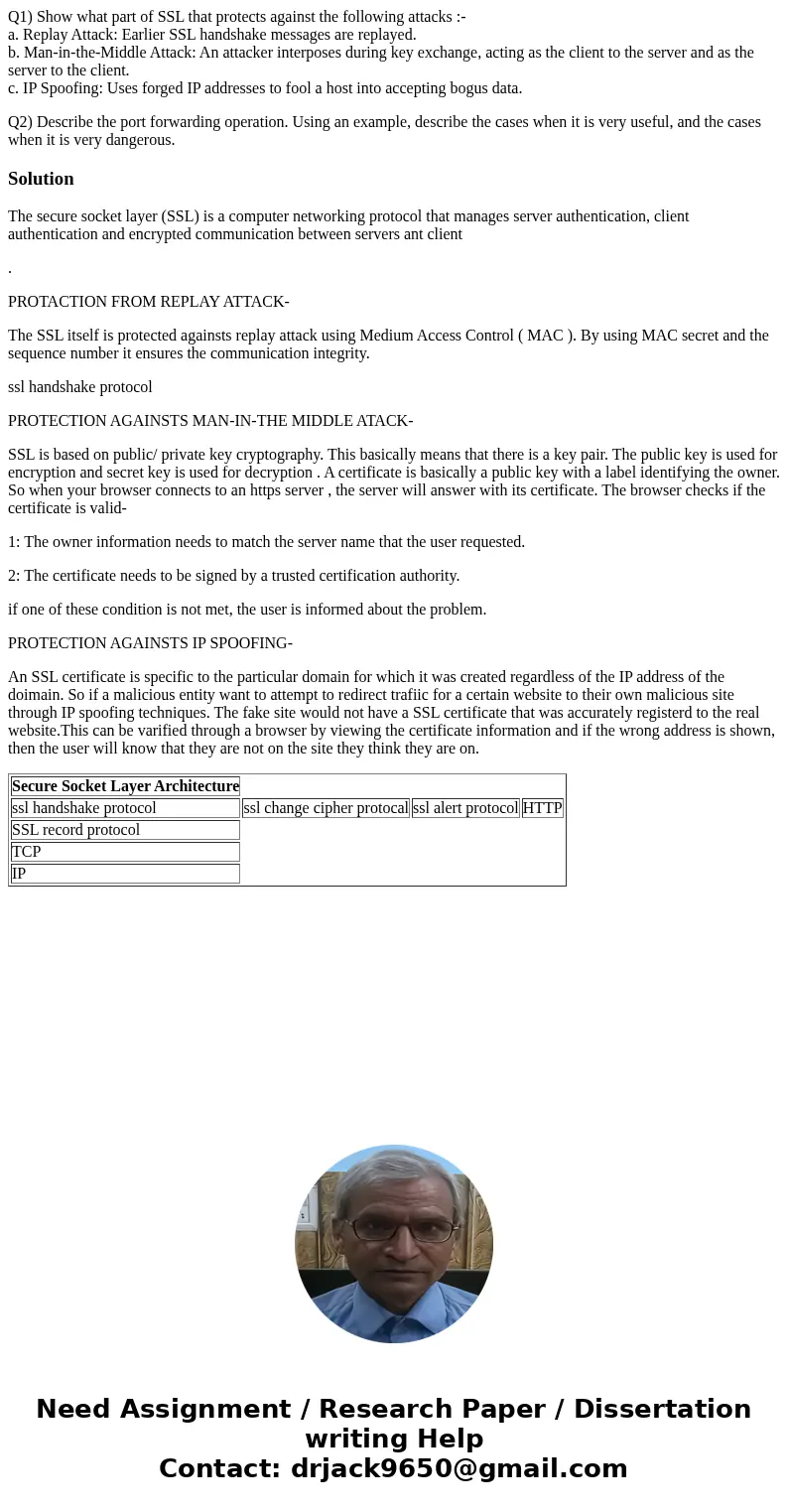 Q1) Show what part of SSL that protects against the following attacks :- a. Replay Attack: Earlier SSL handshake messages are replayed. b. Man-in-the-Middle Att