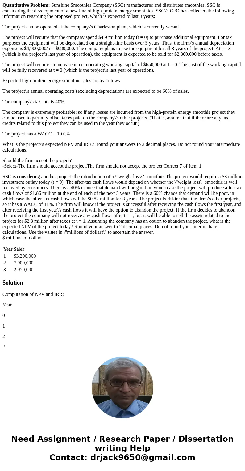 Quantitative Problem: Sunshine Smoothies Company (SSC) manufactures and distributes smoothies. SSC is considering the development of a new line of high-protein 