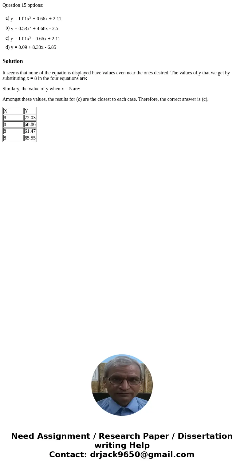 Question 15 options: a) y = 1.01x2 + 0.66x + 2.11 b) y = 0.53x2 + 4.68x - 2.5 c) y = 1.01x2 - 0.66x + 2.11 d) y = 0.09 + 8.33x - 6.85 SolutionIt seems that none