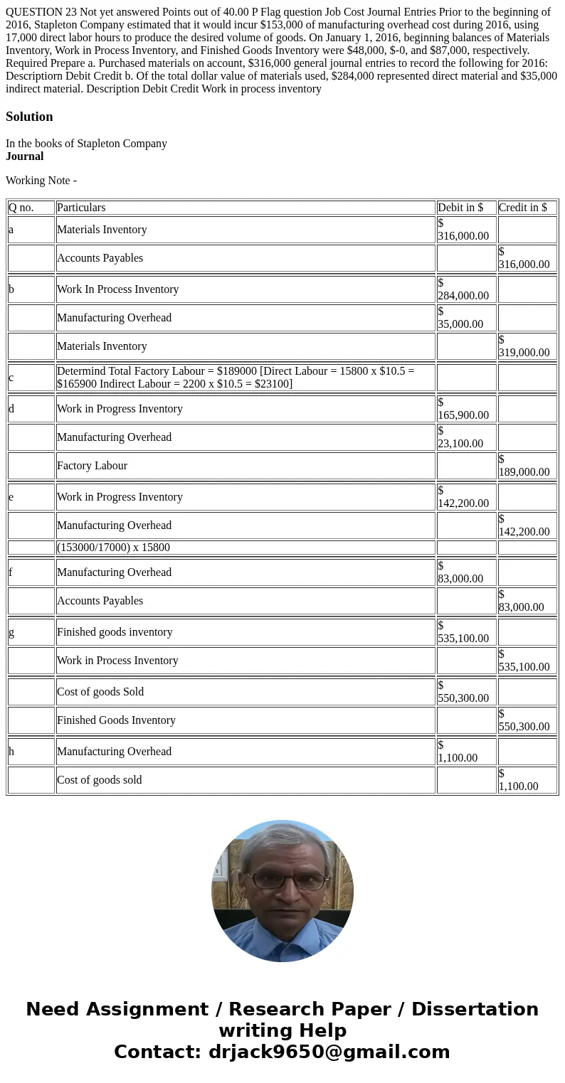 QUESTION 23 Not yet answered Points out of 40.00 P Flag question Job Cost Journal Entries Prior to the beginning of 2016, Stapleton Company estimated that it w  QUESTION 23 Not yet answered Points out of 40.00 P Flag question Job Cost Journal Entries Prior to the beginning of 2016, Stapleton Company estimated that it w