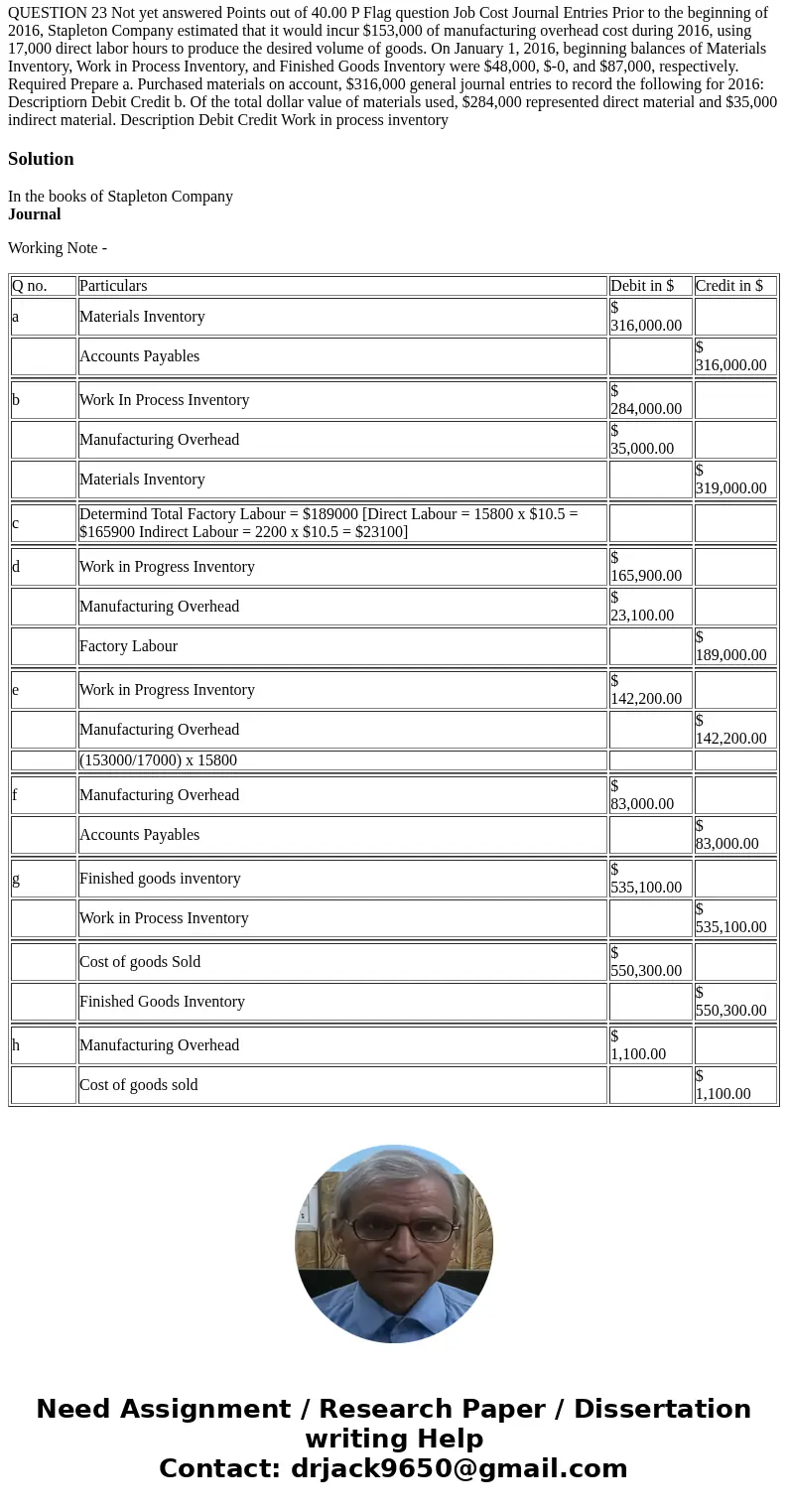 QUESTION 23 Not yet answered Points out of 40.00 P Flag question Job Cost Journal Entries Prior to the beginning of 2016, Stapleton Company estimated that it w  QUESTION 23 Not yet answered Points out of 40.00 P Flag question Job Cost Journal Entries Prior to the beginning of 2016, Stapleton Company estimated that it w