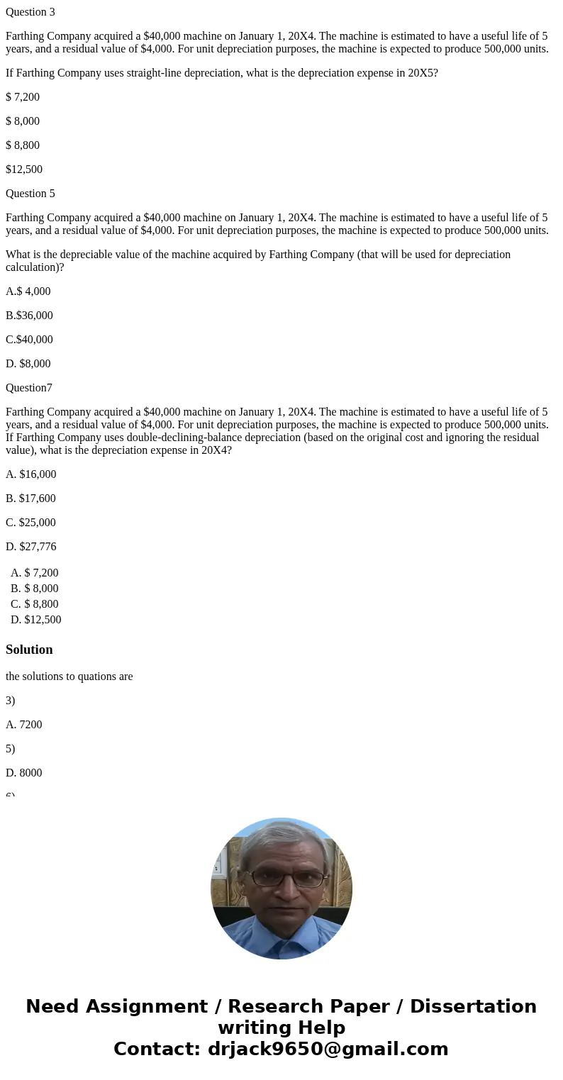 Question 3 Farthing Company acquired a $40,000 machine on January 1, 20X4. The machine is estimated to have a useful life of 5 years, and a residual value of $4 Question 3 Farthing Company acquired a $40,000 machine on January 1, 20X4. The machine is estimated to have a useful life of 5 years, and a residual value of $4