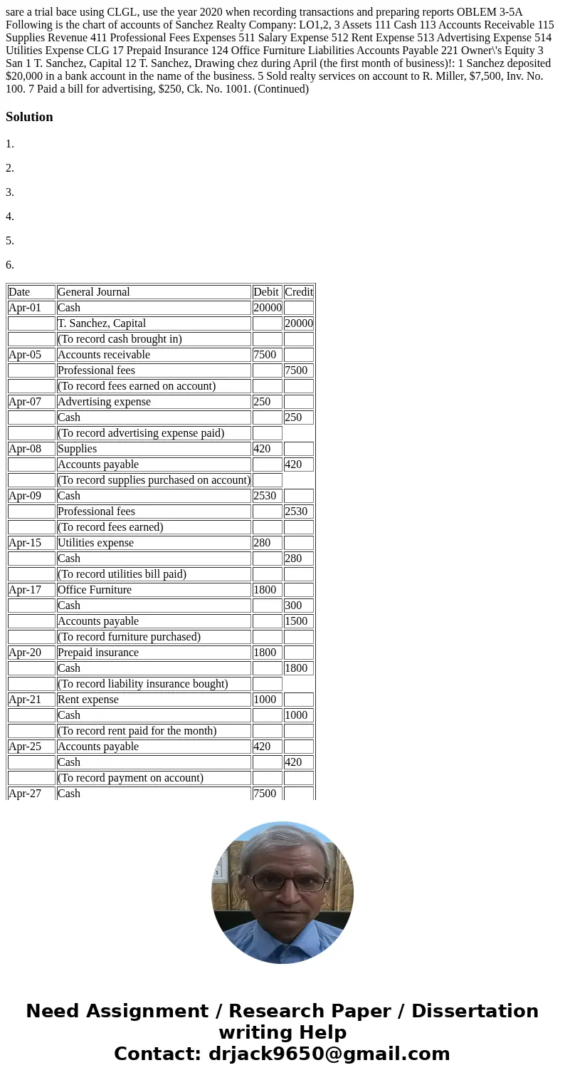  sare a trial bace using CLGL, use the year 2020 when recording transactions and preparing reports OBLEM 3-5A Following is the chart of accounts of Sanchez Real